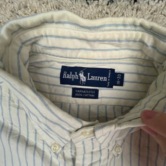 Ralph Lauren Yarmouth Button Up Shirt Long Sleeve Size 16 33 Blue Ivory Striped - Picture 3 of 12